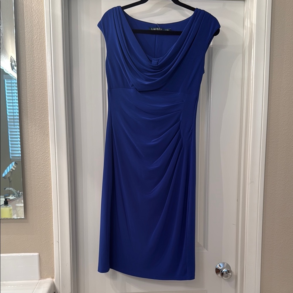 NWOT Lauren by Ralph Lauren Royal Blue Draped Dress sz 10